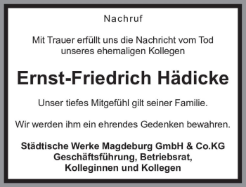 Traueranzeige von Ernst-Friedrich Hädicke  von Magdeburger Volksstimme