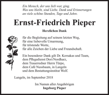 Traueranzeige von Ernst-Friedrich Pieper  von Magdeburger Volksstimme