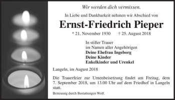 Traueranzeige von Ernst-Friedrich Pieper  von Magdeburger Volksstimme