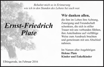 Traueranzeige von Ernst-Friedrich Plate  von Magdeburger Volksstimme