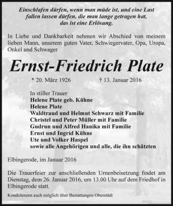 Traueranzeige von Ernst-Friedrich Plate  von Magdeburger Volksstimme