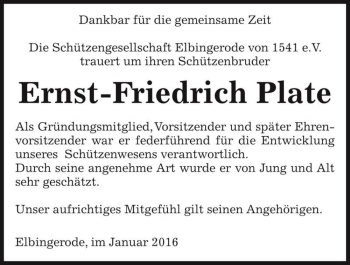 Traueranzeige von Ernst-Friedrich Plate  von Magdeburger Volksstimme
