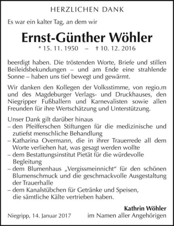 Traueranzeige von Ernst-Günther Wöhler  von Magdeburger Volksstimme