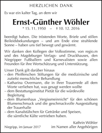 Traueranzeige von Ernst-Günther Wöhler  von Magdeburger Volksstimme