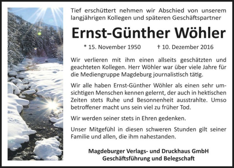  Traueranzeige für Ernst-Günther Wöhler  vom 20.12.2016 aus Magdeburger Volksstimme