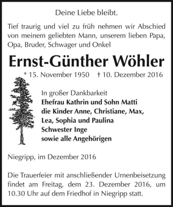 Traueranzeige von Ernst-Günther Wöhler  von Magdeburger Volksstimme