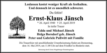 Traueranzeige von Ernst-Klaus Jänsch  von Magdeburger Volksstimme