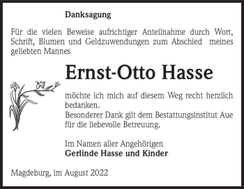 Traueranzeige von Ernst-Otto Hasse  von Magdeburger Volksstimme