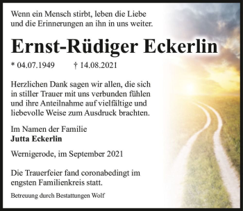 Traueranzeige von Ernst-Rüdiger Eckerlin  von Magdeburger Volksstimme