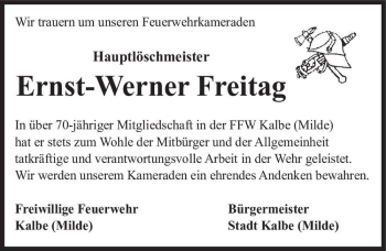 Traueranzeige von Ernst-Werner Freitag  von Magdeburger Volksstimme