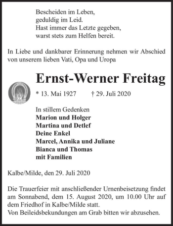 Traueranzeige von Ernst-Werner Freitag  von Magdeburger Volksstimme