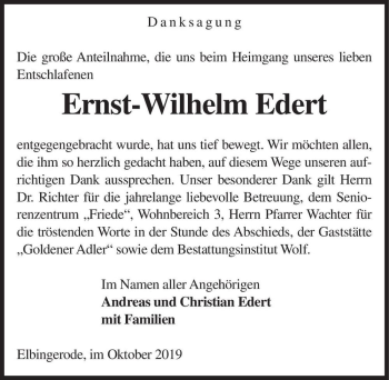 Traueranzeige von Ernst-Wilhelm Edert  von Magdeburger Volksstimme