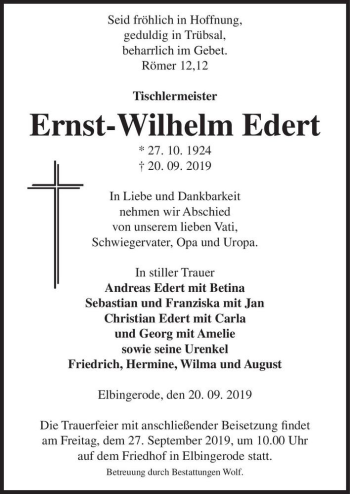 Traueranzeige von Ernst-Wilhelm Edert  von Magdeburger Volksstimme