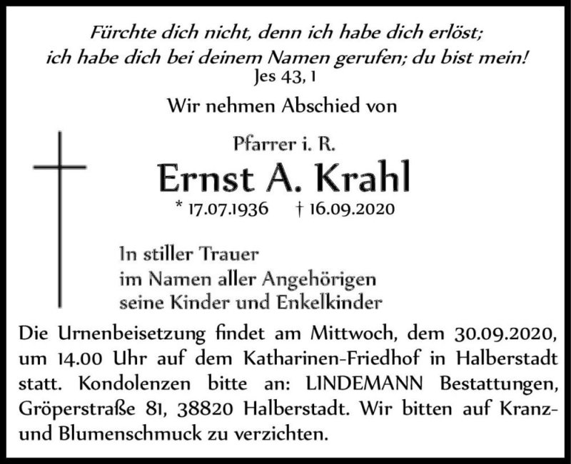  Traueranzeige für Ernst A. Krahl  vom 26.09.2020 aus Magdeburger Volksstimme