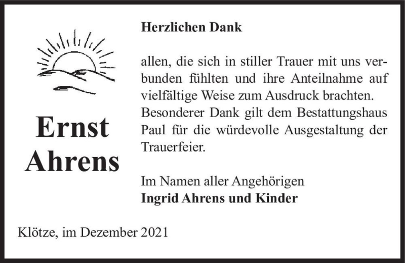  Traueranzeige für Ernst Ahrens  vom 23.12.2021 aus Magdeburger Volksstimme