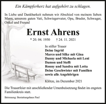 Traueranzeige von Ernst Ahrens  von Magdeburger Volksstimme