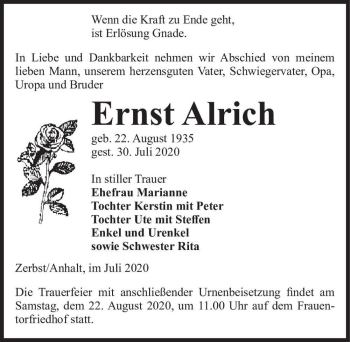Traueranzeige von Ernst Alrich  von Magdeburger Volksstimme