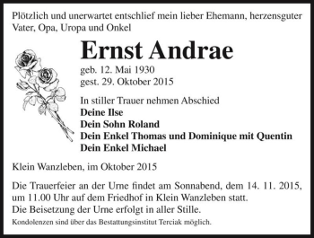 Traueranzeige von Ernst Andrae  von Magdeburger Volksstimme