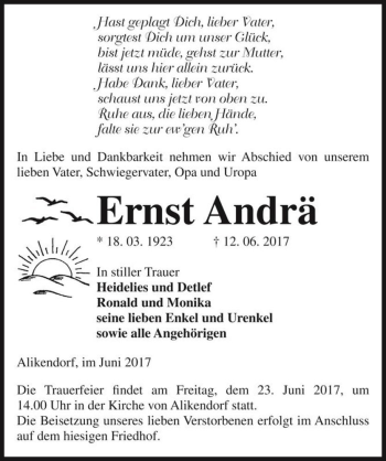 Traueranzeige von Ernst Andrä  von Magdeburger Volksstimme