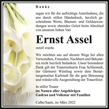 Traueranzeige von Ernst Assel  von Magdeburger Volksstimme