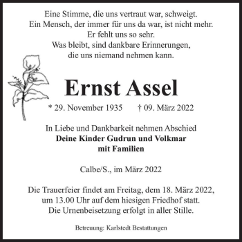 Traueranzeige von Ernst Assel  von Magdeburger Volksstimme