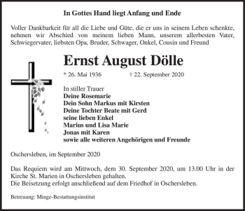Traueranzeige von Ernst August Dölle  von Magdeburger Volksstimme