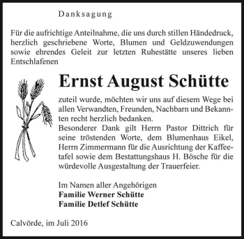 Traueranzeige von Ernst August Schütte  von Magdeburger Volksstimme