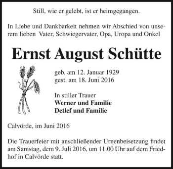 Traueranzeige von Ernst August Schütte  von Magdeburger Volksstimme