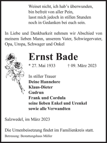 Traueranzeige von Ernst Bade  von Magdeburger Volksstimme