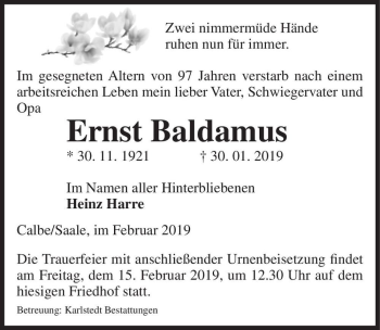 Traueranzeige von Ernst Baldamus  von Magdeburger Volksstimme