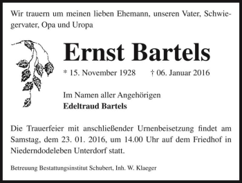 Traueranzeige von Ernst Bartels  von Magdeburger Volksstimme