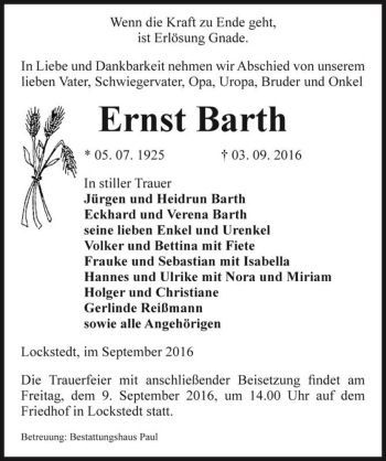 Traueranzeige von Ernst Barth  von Magdeburger Volksstimme