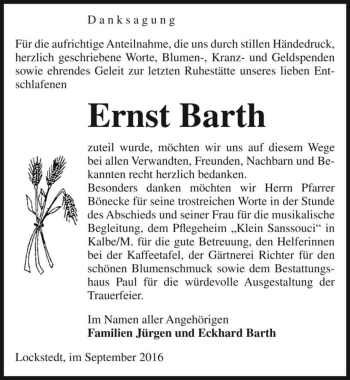 Traueranzeige von Ernst Barth  von Magdeburger Volksstimme