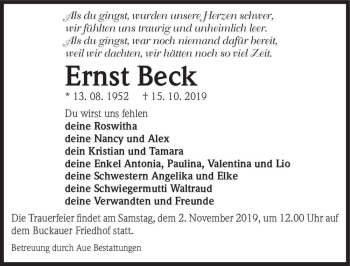 Traueranzeige von Ernst Beck  von Magdeburger Volksstimme
