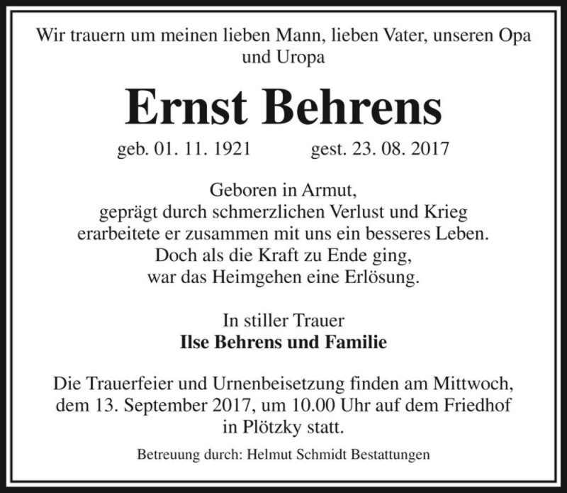 Traueranzeige für Ernst Behrens  vom 26.08.2017 aus Magdeburger Volksstimme