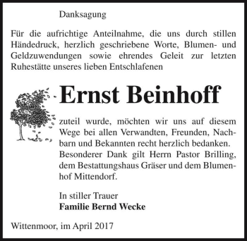 Traueranzeige von Ernst Beinhoff  von Magdeburger Volksstimme