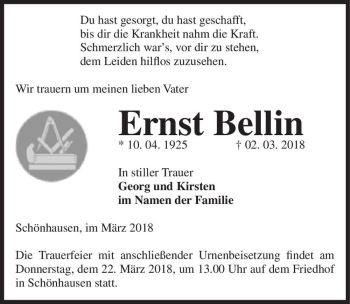Traueranzeige von Ernst Bellin  von Magdeburger Volksstimme