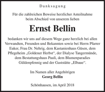 Traueranzeige von Ernst Bellin  von Magdeburger Volksstimme