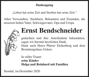 Traueranzeige von Ernst Bendschneider  von Magdeburger Volksstimme