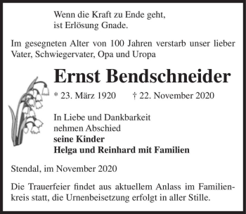 Traueranzeige von Ernst Bendschneider  von Magdeburger Volksstimme