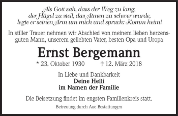 Traueranzeige von Ernst Bergemann  von Magdeburger Volksstimme
