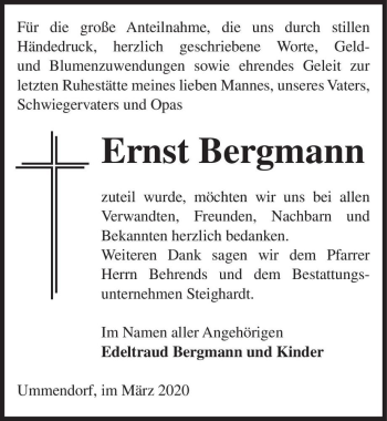 Traueranzeige von Ernst Bergmann  von Magdeburger Volksstimme