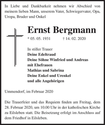 Traueranzeige von Ernst Bergmann  von Magdeburger Volksstimme