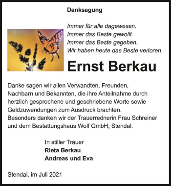 Traueranzeige von Ernst Berkau  von Magdeburger Volksstimme