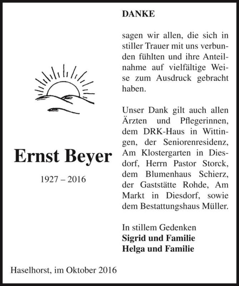  Traueranzeige für Ernst Beyer  vom 11.10.2016 aus Magdeburger Volksstimme