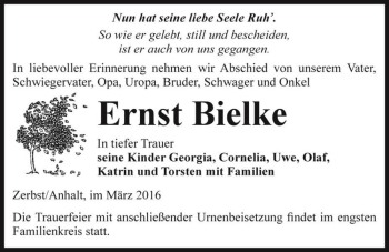Traueranzeige von Ernst Bielke  von Magdeburger Volksstimme