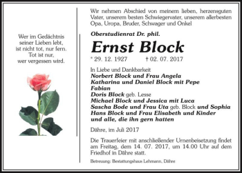 Traueranzeige von Ernst Block  von Magdeburger Volksstimme