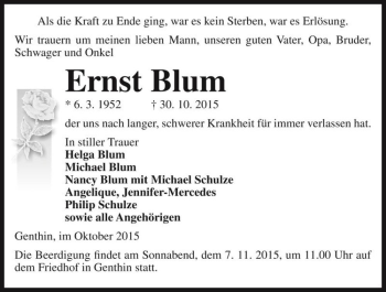 Traueranzeige von Ernst Blum  von Magdeburger Volksstimme