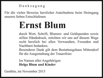 Traueranzeige von Ernst Blum  von Magdeburger Volksstimme