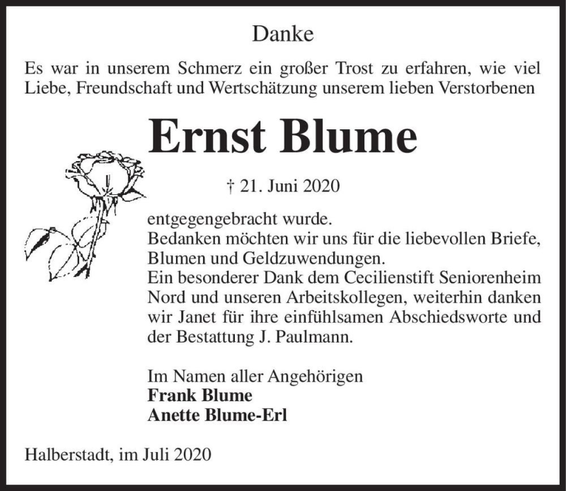  Traueranzeige für Ernst Blume  vom 11.07.2020 aus Magdeburger Volksstimme